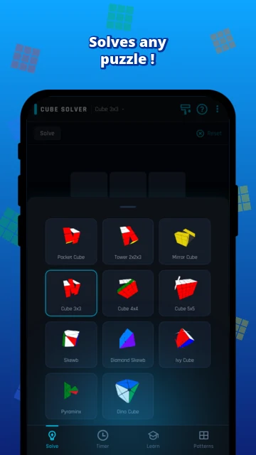 Solves any puzzle: Cube Solver 3D home screen listing the puzzles (Pocket Cube, 2x2x3 Tower, Mirror Cube, 3x3, 4x4 and 5x5 Cube, Skewb, Diamond Skewb, Ivy Cube, Pyraminx, Dino Cube)