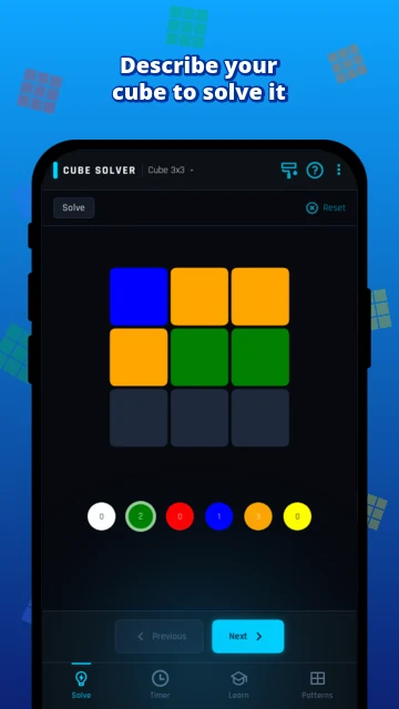 Describe your cube to solve it: entering the colors of a 3x3 cube face with the color palette