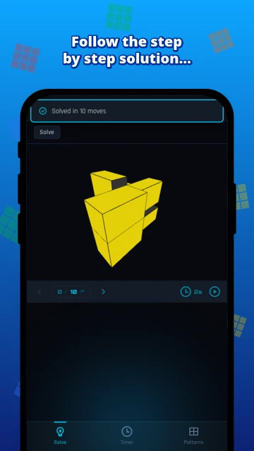 Follow the step by step solution: 3D cube solved in 10 moves with animated playback