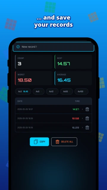 Save your records: statistics (best, worst, average, Ao5, Ao12) and solve history