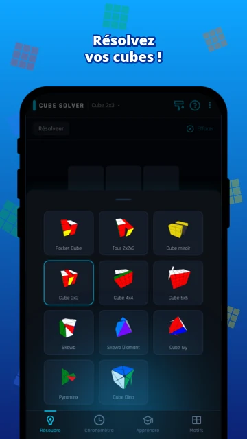 Résolvez vos cubes : écran d'accueil de Cube Solver 3D avec la liste des puzzles (Pocket Cube, Tour 2x2x3, Cube miroir, Cube 3x3, 4x4, 5x5, Skewb, Skewb Diamant, Cube Ivy, Pyraminx, Cube Dino)