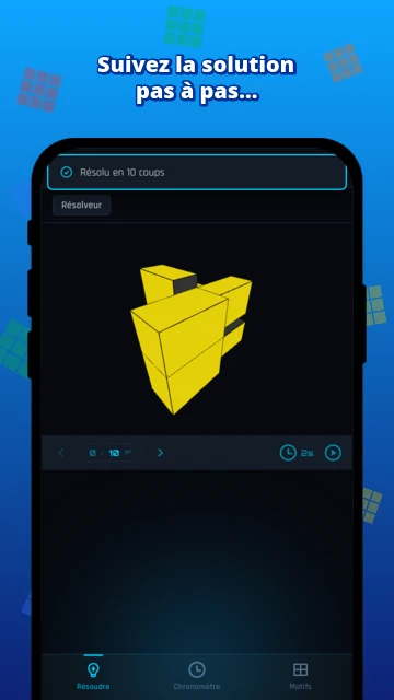 Suivez la solution pas à pas : cube 3D résolu en 10 coups, lecture animée des mouvements