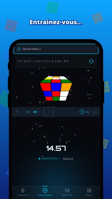 Entraînez-vous : chronomètre de speedcubing avec mélange et nouveau record en 14,57 s