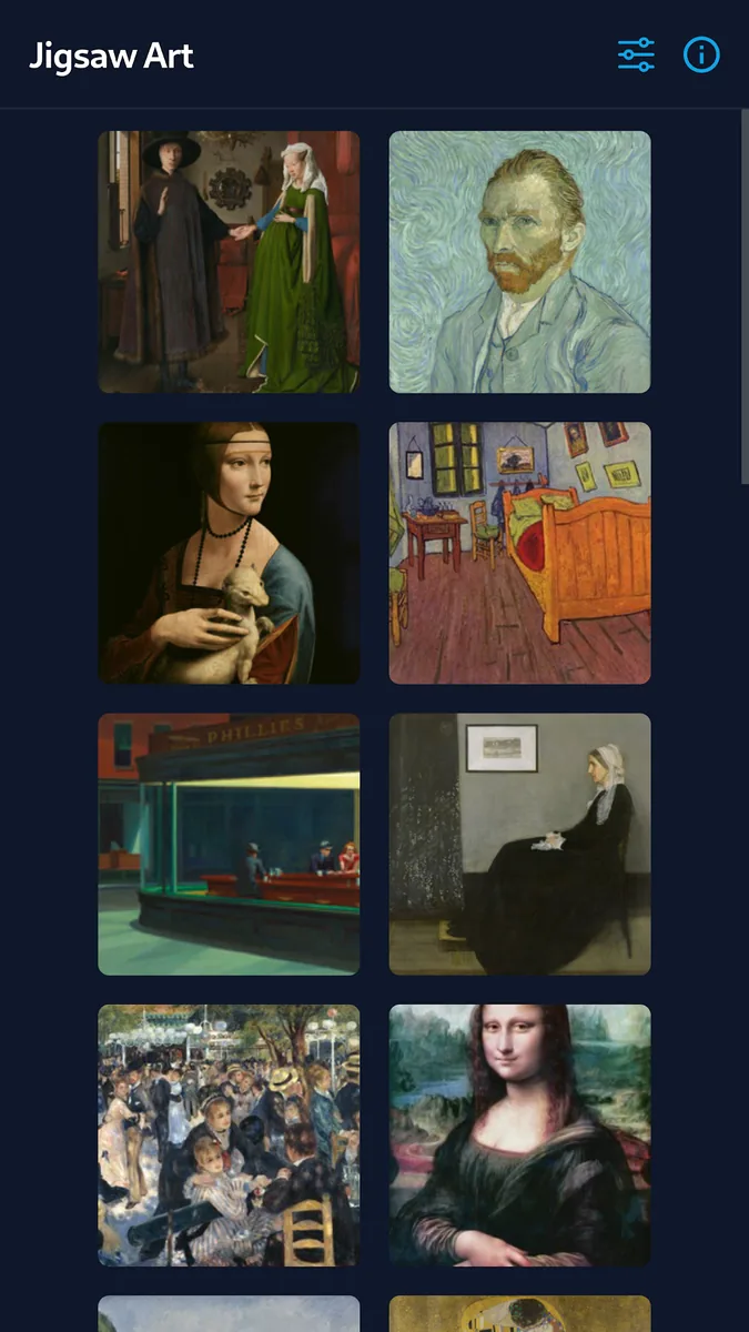 Jigsaw Art painting gallery: Van Eyck, Van Gogh, da Vinci, Vermeer, Hopper, Renoir
