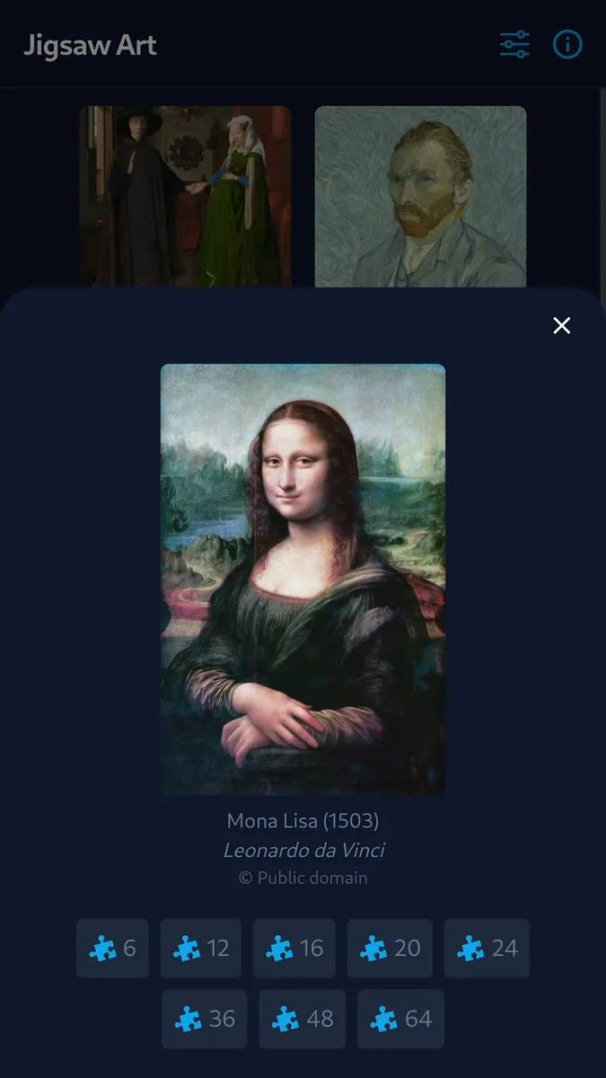 Mona Lisa detail card with the choice of piece count, from 6 to 64