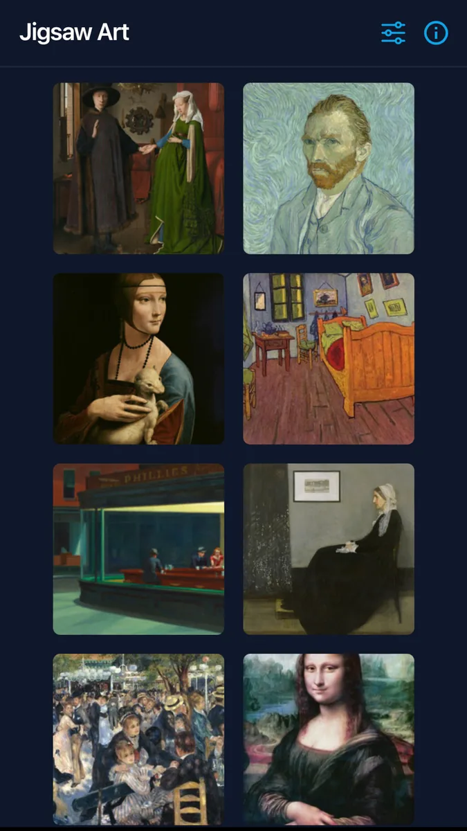Galerie des tableaux de Jigsaw Art : Van Eyck, Van Gogh, Vinci, Vermeer, Hopper, Renoir