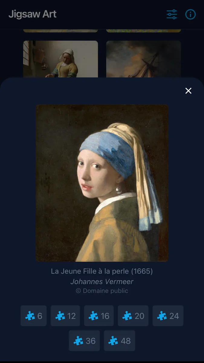 Fiche de la Jeune Fille à la perle de Vermeer avec le choix du nombre de pièces, de 6 à 48