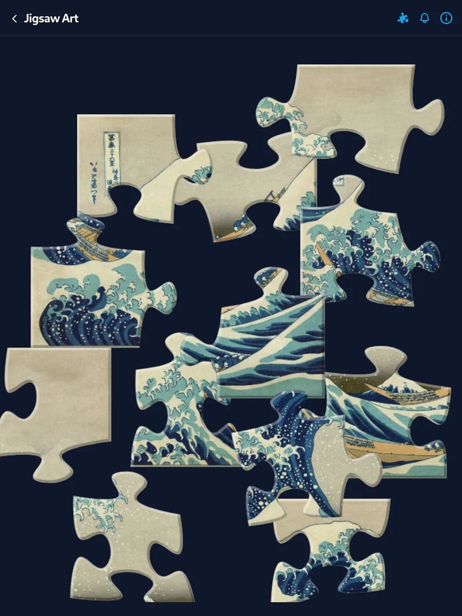 Jigsaw Art sur tablette : puzzle de la Grande Vague de Kanagawa en cours