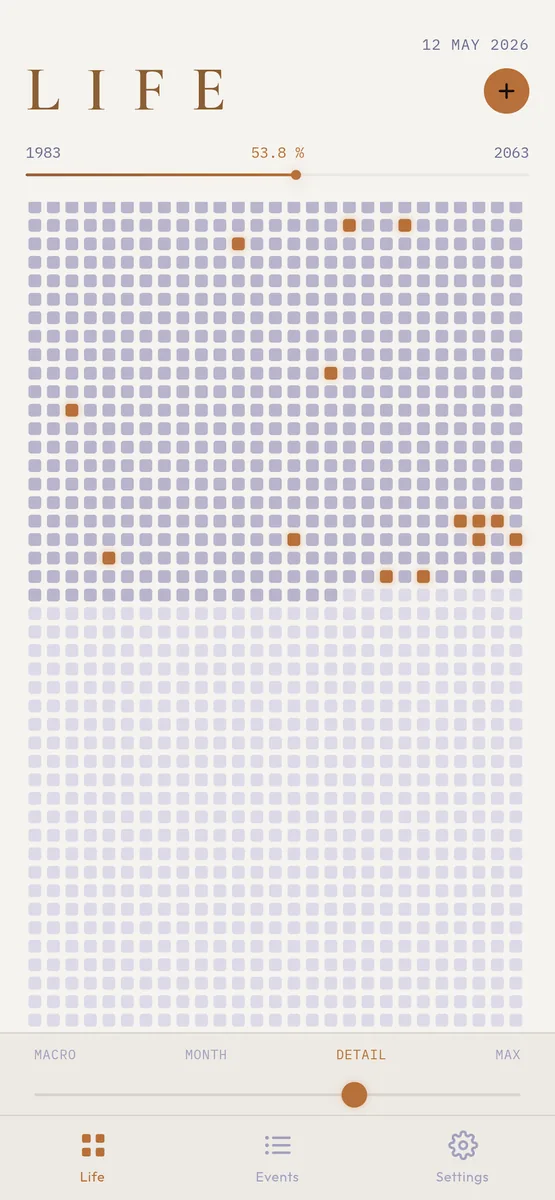 Life Dates: life grid where every dot is a day, light theme