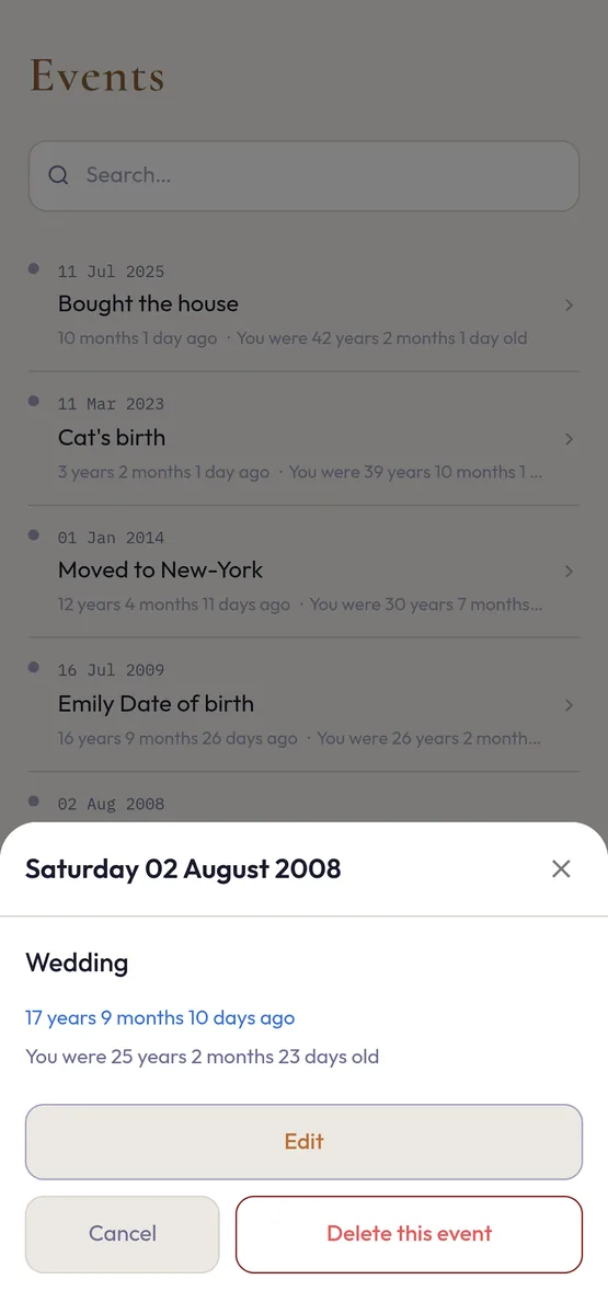 Event detail: wedding, 17 years ago, you were 25 years old