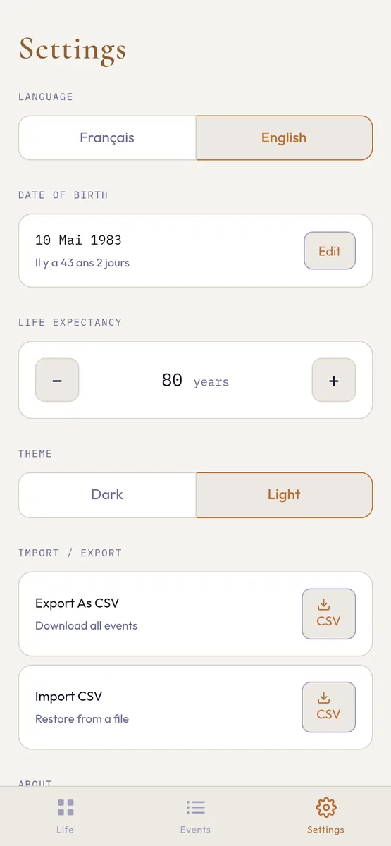 Settings: language, date of birth, life expectancy, theme, CSV export and import