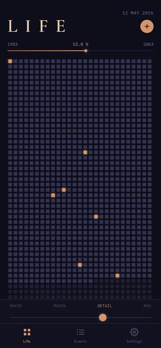 Life Dates: life grid in dark theme