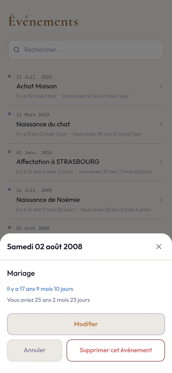 Détail d'un événement : mariage, il y a 17 ans, vous aviez 25 ans