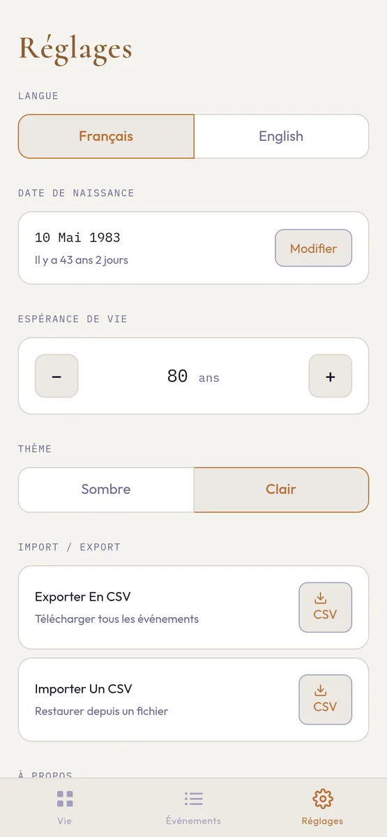 Réglages : langue, date de naissance, espérance de vie, thème, export et import CSV