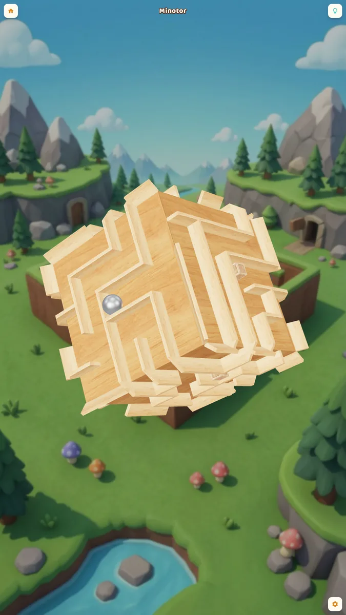 Minotor: steel ball on a wooden maze cube, first level