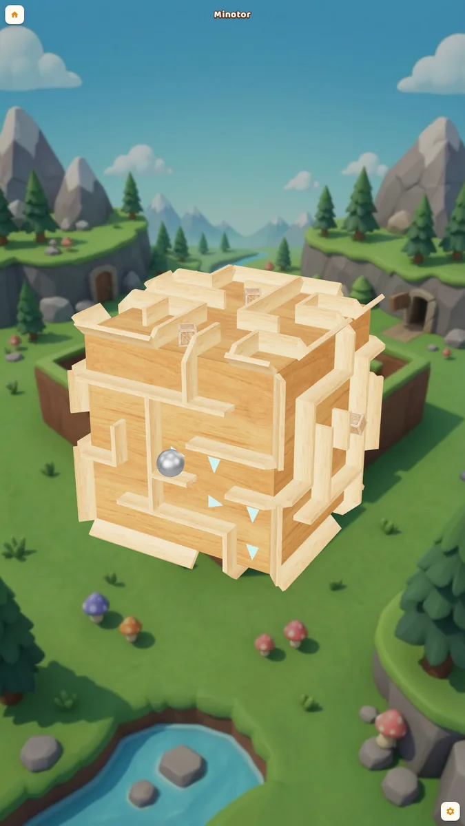 Minotor: denser maze on a wooden cube, the ball near an edge