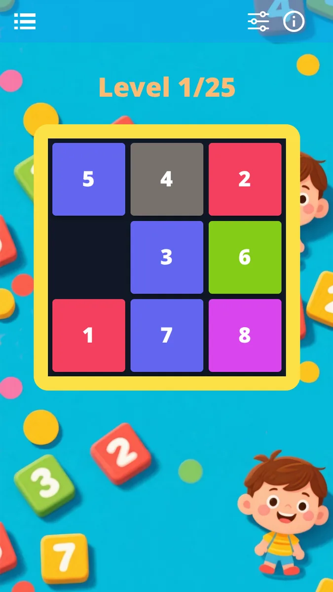 Taq Puzzle, level 1 of 25: 3x3 sliding puzzle with colored numbers
