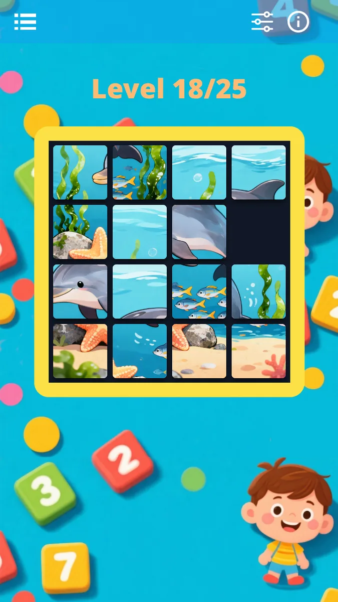 Taq Puzzle, level 18: 4x4 sliding puzzle with a picture of dolphins to rebuild