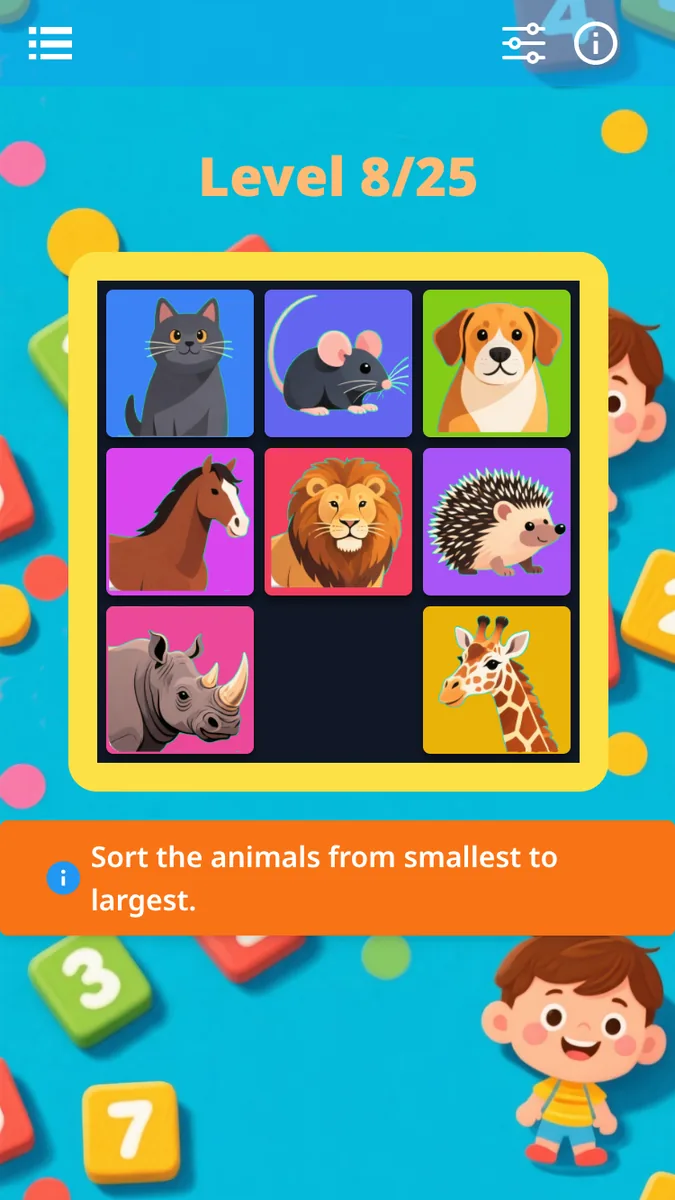Taq Puzzle, level 8: special mode, sort the animals from smallest to largest