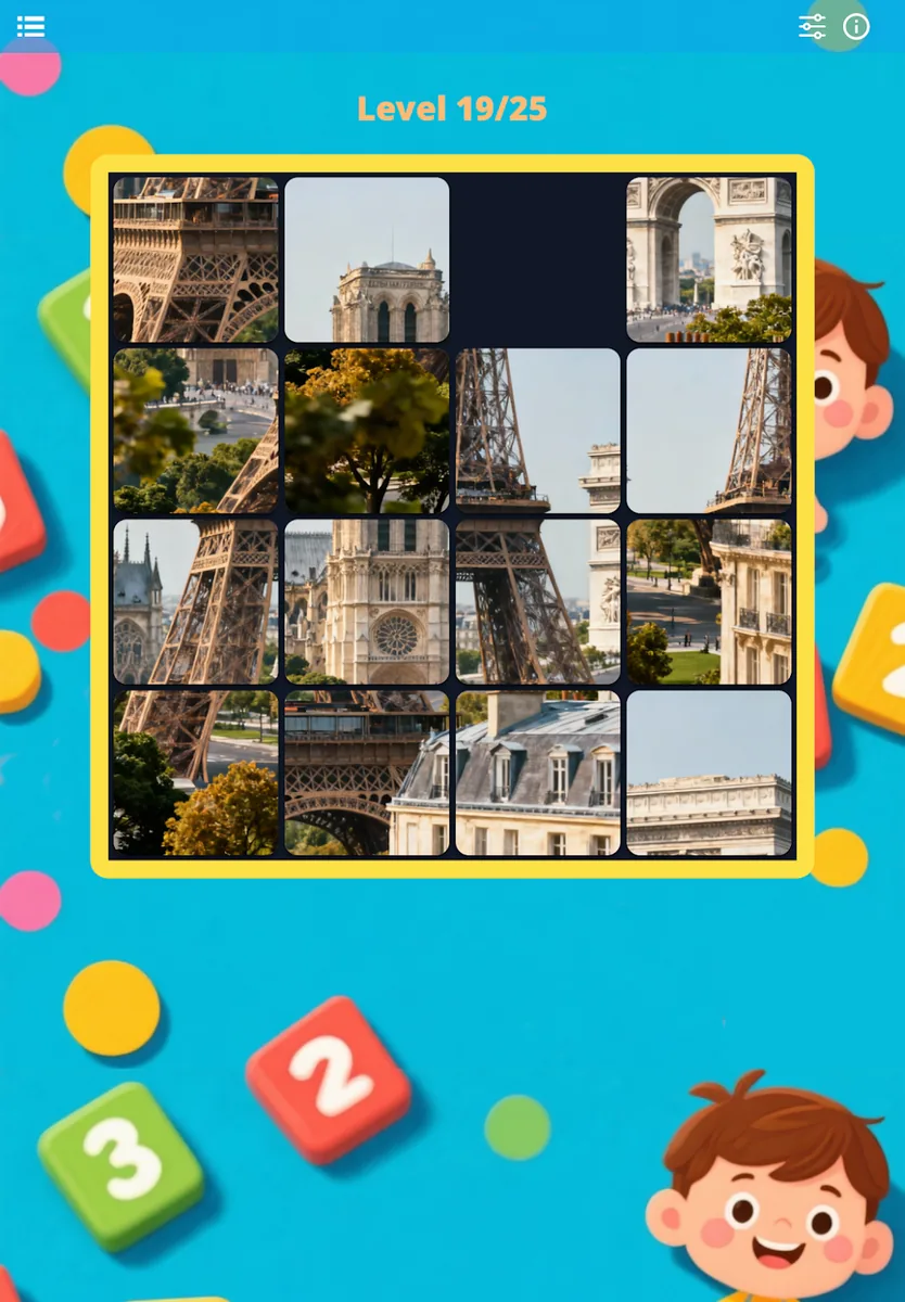 Taq Puzzle on a tablet, level 19: photo of the Eiffel Tower cut into tiles