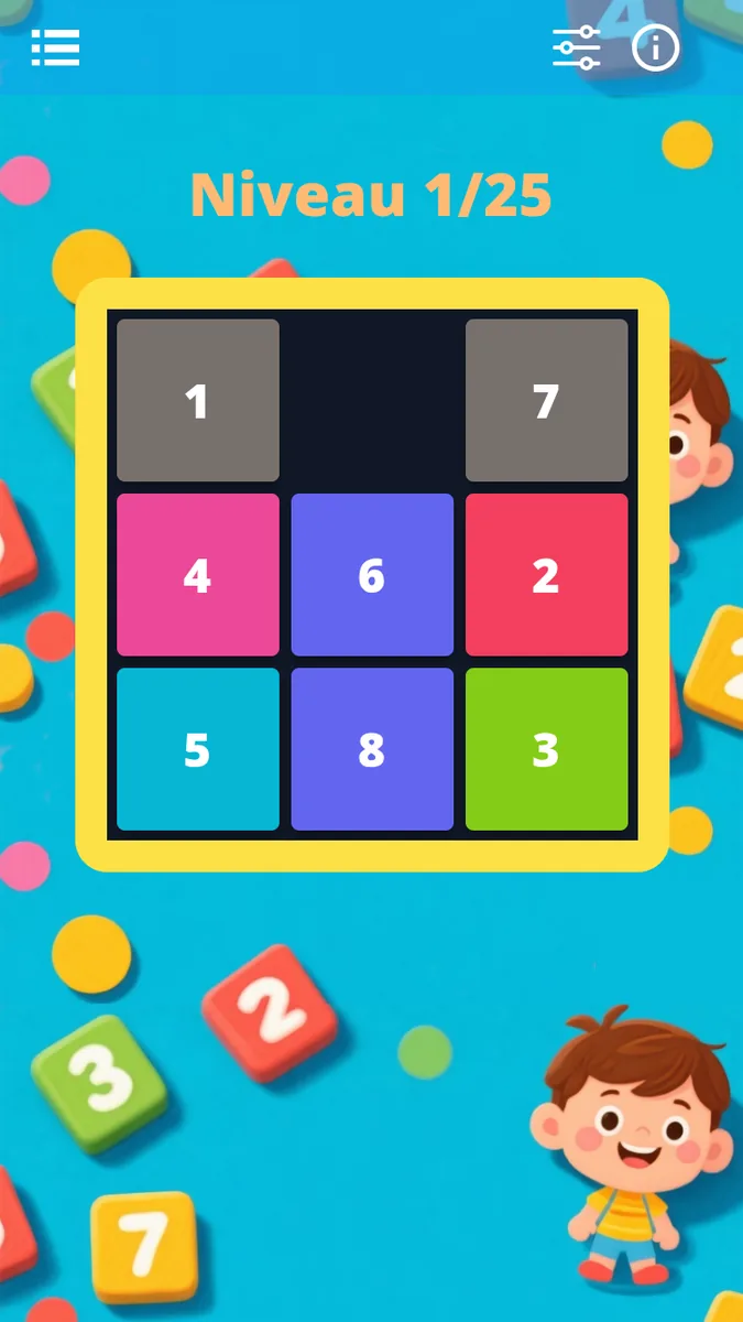 Taq Puzzle, niveau 1 sur 25 : taquin 3x3 avec des chiffres colorés