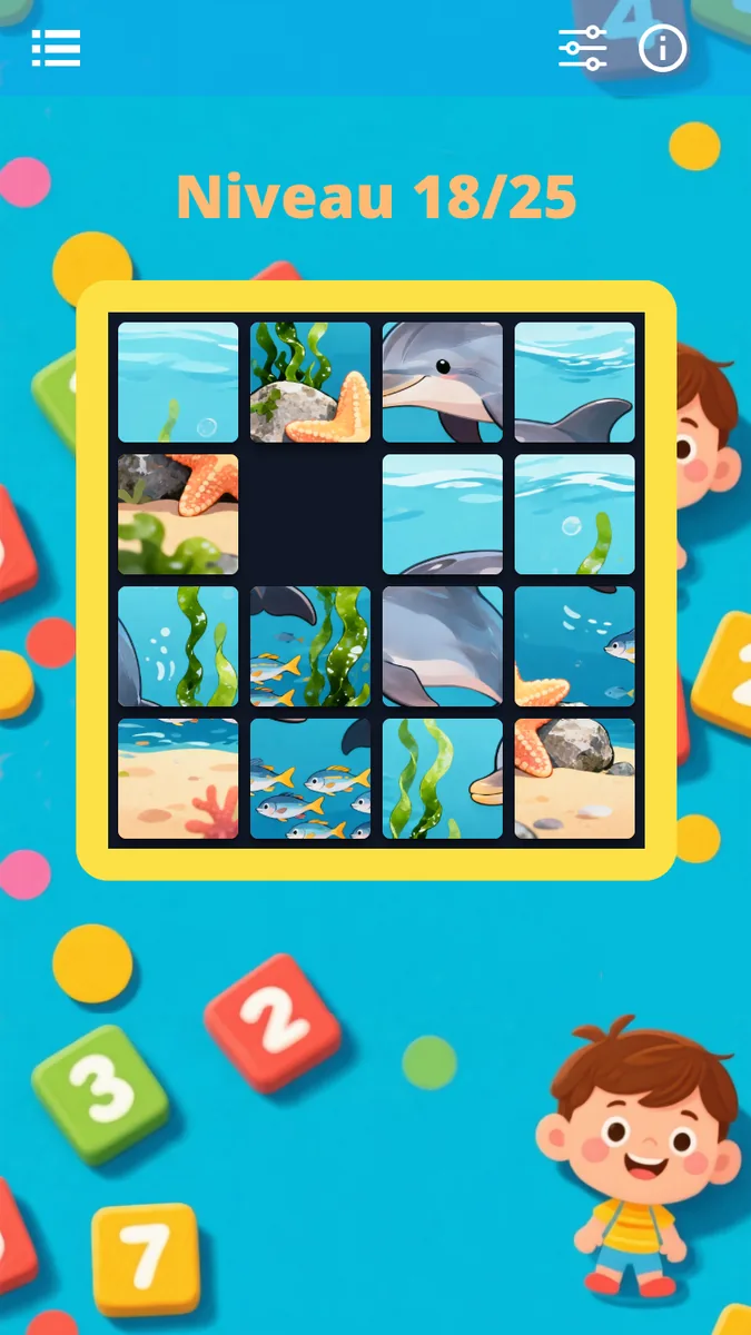 Taq Puzzle, niveau 18 : taquin 4x4 avec une image de dauphins à reconstituer