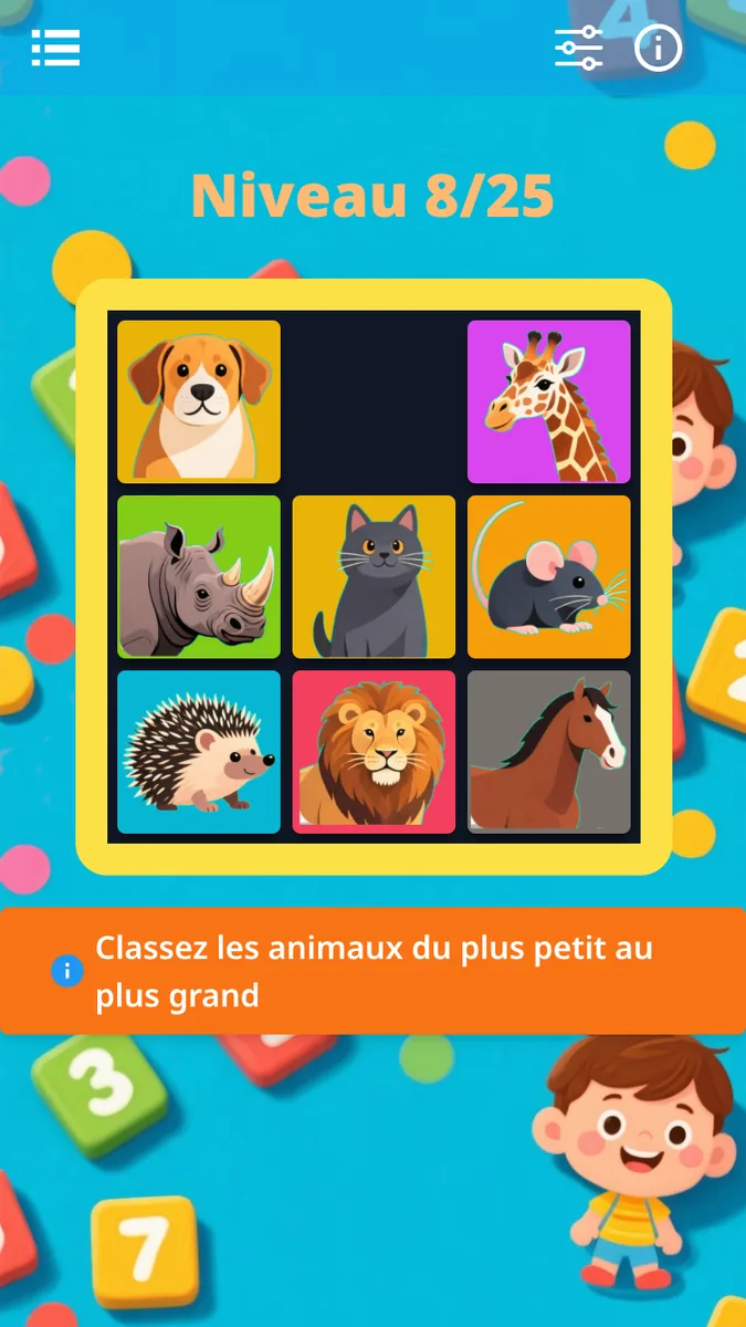 Taq Puzzle, niveau 8 : mode spécial, classer les animaux du plus petit au plus grand