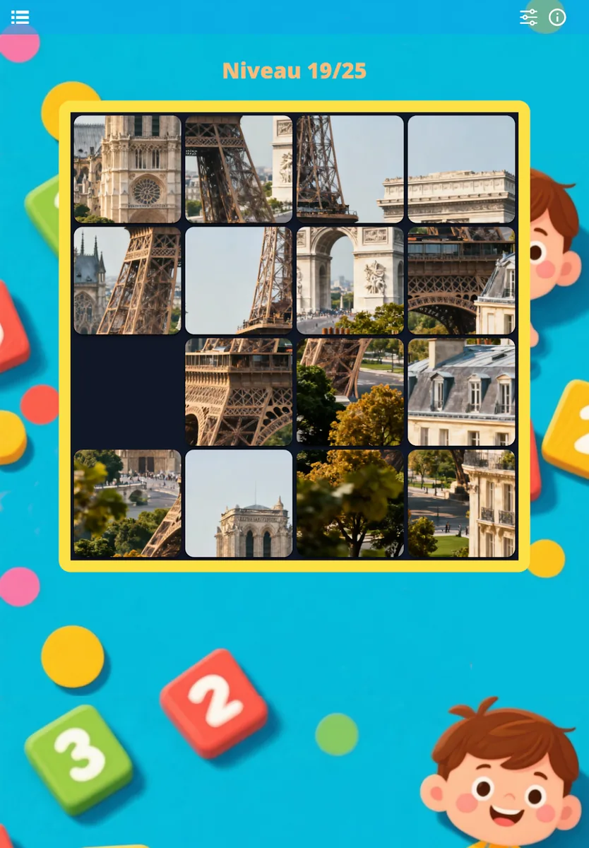 Taq Puzzle sur tablette, niveau 19 : photo de la tour Eiffel découpée en tuiles