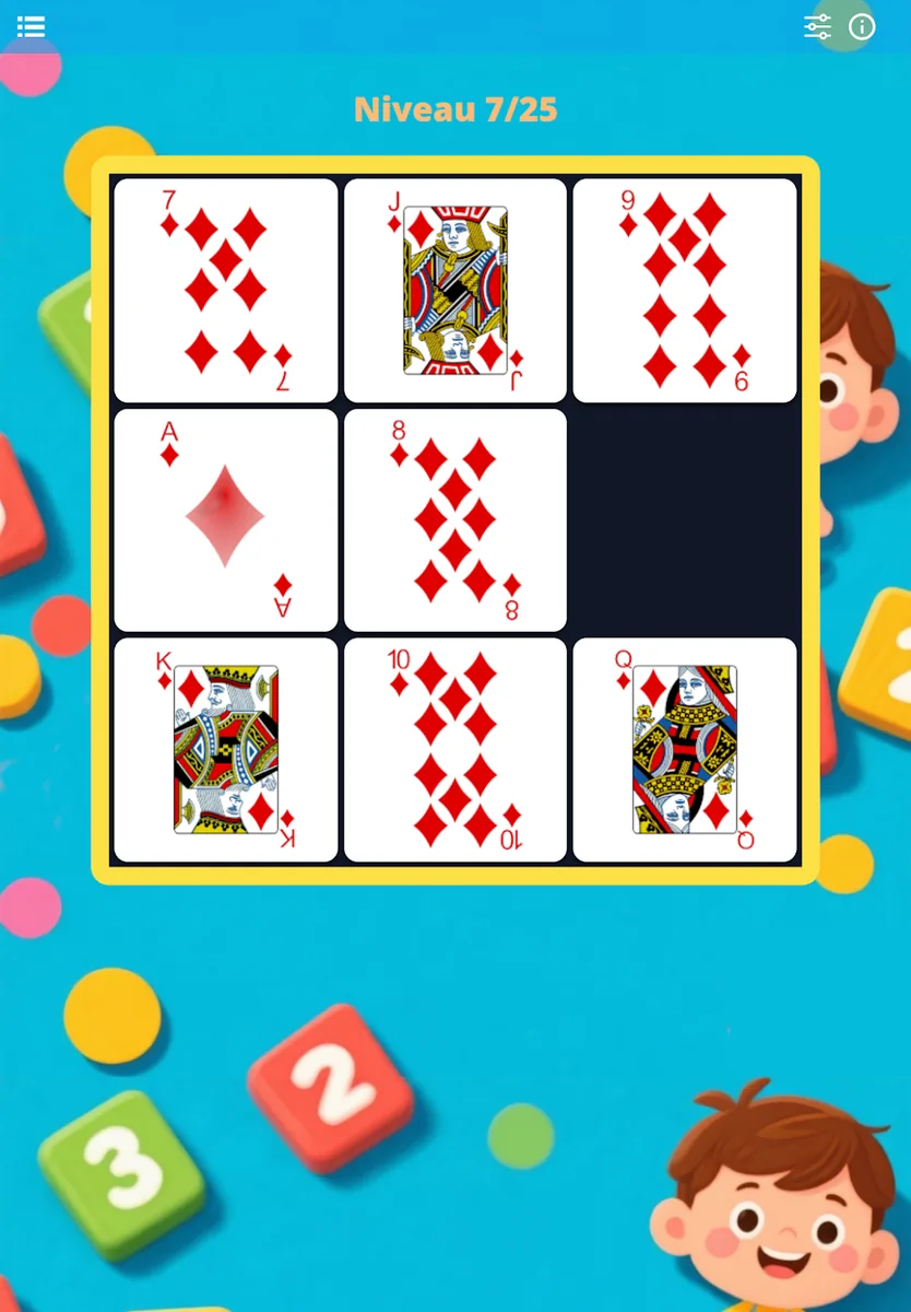 Taq Puzzle sur tablette, niveau 7 : cartes à jouer à remettre dans l'ordre